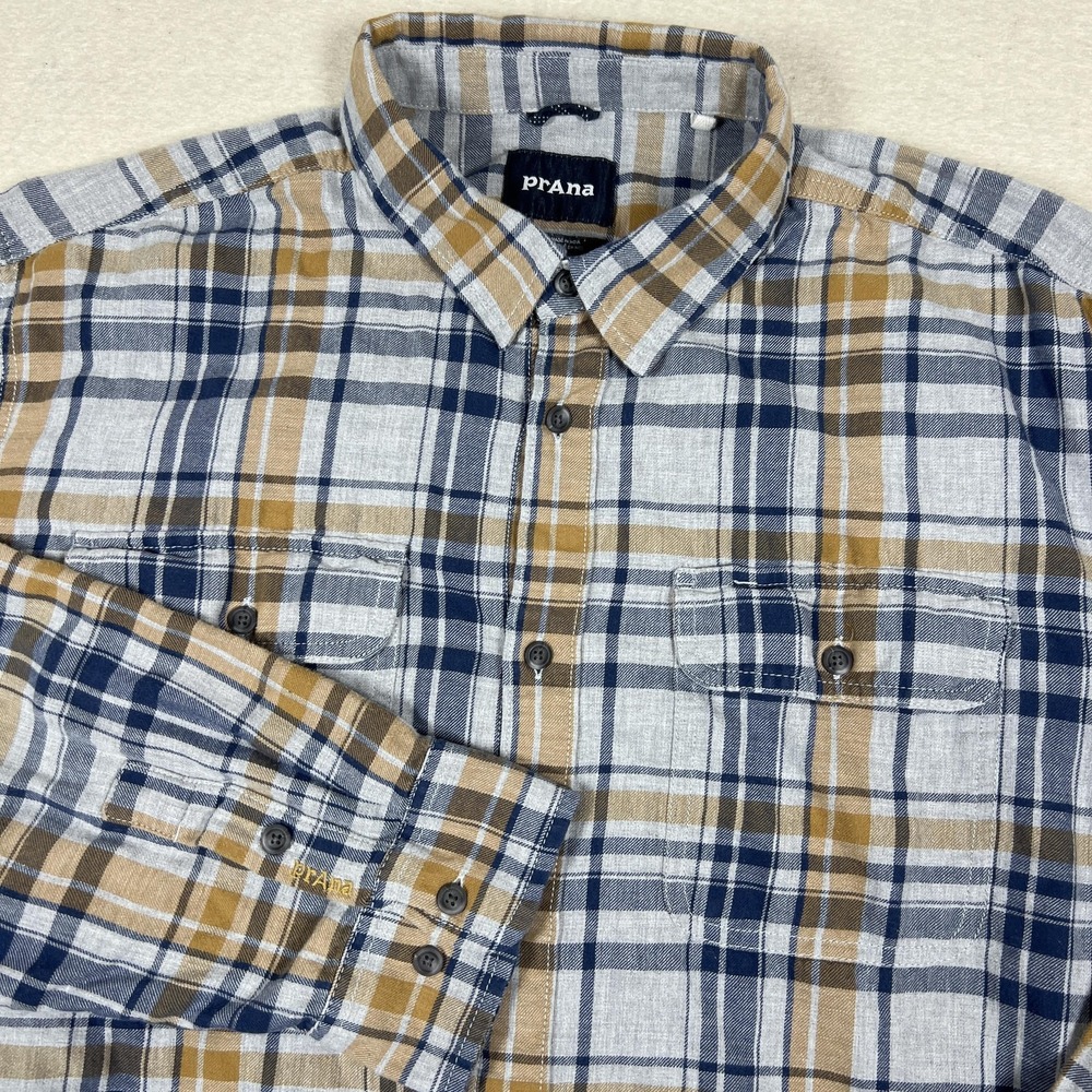 PrAna Shirt Mens XL Blue Tan Plaid Long Sleeve Button Organic Cotton M23202545